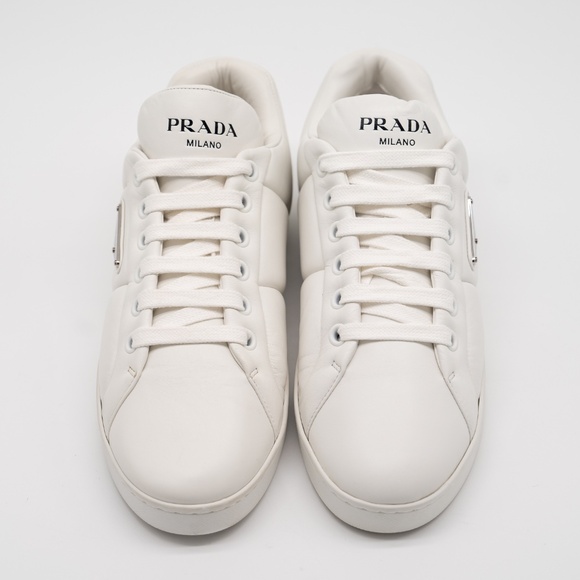 size 40eu 10 US Prada Triangle Logo Padded Sneakers White Leather Triangle - Picture 3 of 15